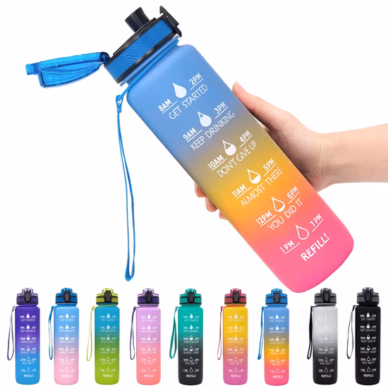 1L Frosted Tritan PC Plastic Motivational Time Marker Gradient Plain Color Water Bottle Remind to Drink